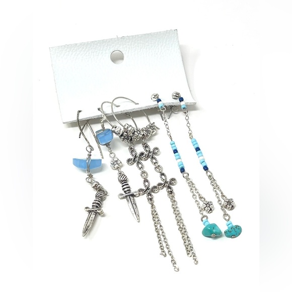 New Free Peoppe Sirens Earring Set Silver Turquoise - Picture 3 of 5